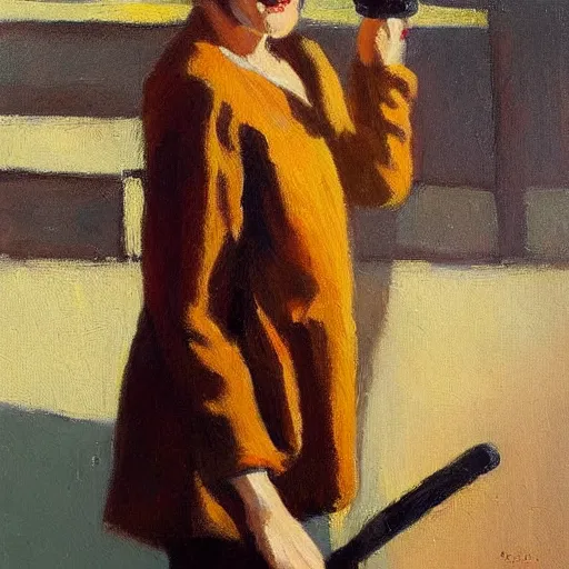 Prompt: A painting. A rip in spacetime. Did this device in her hand open a portal to another dimension or reality?! chestnut by Raymond Leech rich, muted