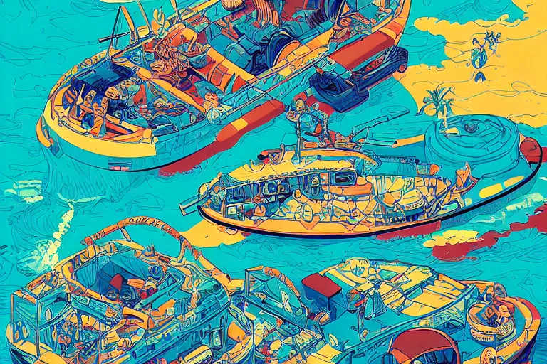 Prompt: highly detailed vibrant delirium boat fight water arena by petros afshar, tom whalen, laurie greasley, war face by greg rutkowski