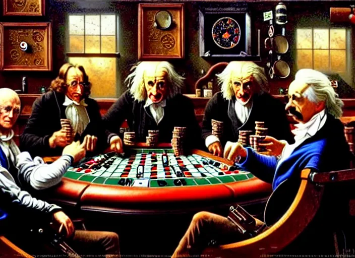 Image similar to isaac newton and stephen hawkins and albert einstein playing poker in an old west saloon, intricate, highly detailed, centered, digital painting, artstation, concept art, smooth, sharp focus, illustration, art by james gurney and norman rockwell and greg rutkowski