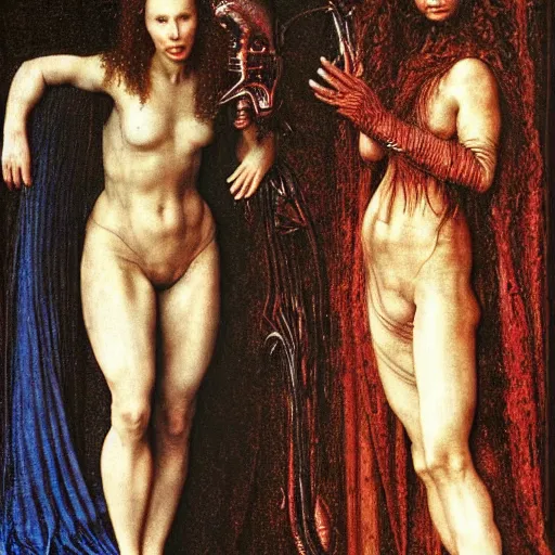 Prompt: portrait of natalie portman and scarlet johansson in movie aliens by albrecht durer, jean delville, jan van eyck, da vinci, giger