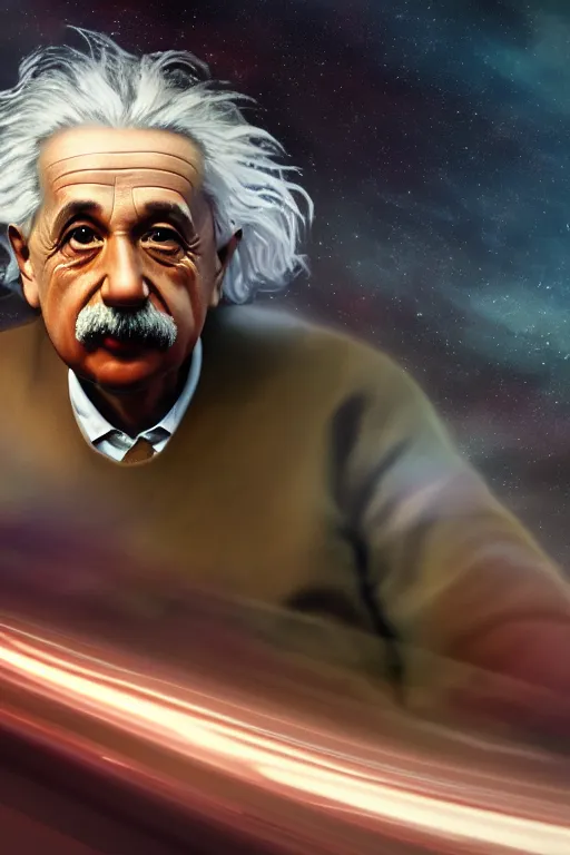 Image similar to intricate color photo of albert einstein travelling faster than light, 8 k octane beautifully detailed render