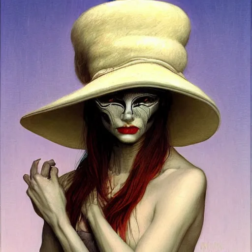 Prompt: portrait of a ceremonial hat embedded into a woman's skull, by gerald brom