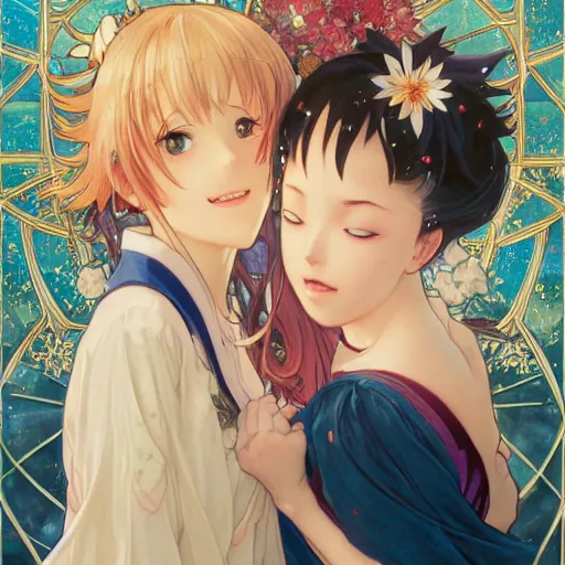 Image similar to two beautiful girls watching fireworks, digital art, painted by range murata, akiyuki shinbou, alphonse mucha, masamune shirow, josan gonzales, greg rutkowski makoto shinkai, highly detailed, realistic, cinematic, trending on pixiv fanbox