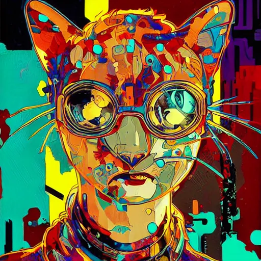 Image similar to cyberpunk cat cyborg portrait illustration, pop art, splash painting, art by geof darrow, ashley wood, alphonse mucha, makoto shinkai