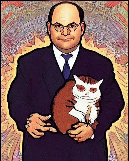 Image similar to “ george costanza!!!!!!!!!!!!! from seinfeld holding grumpy cat, halo, art nouveau, extremely detailed, by alphonse mucha ”