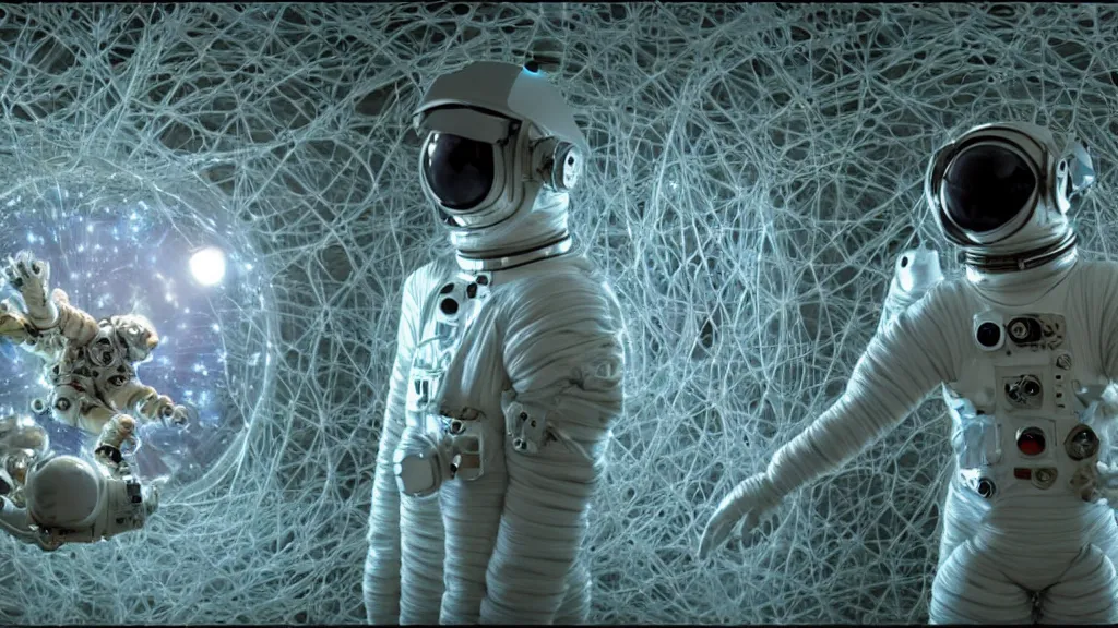 Image similar to a cybernetic symbiosis of a single astronaut eva suit made of pearlescent wearing knitted yarn thread infected with diamond 3d fractal lace iridescent bubble 3d skin covered with stalks of insectoid compound eye camera lenses floats through the living room, film still from the movie directed by Denis Villeneuve with art direction by Salvador Dalí, wide lens,