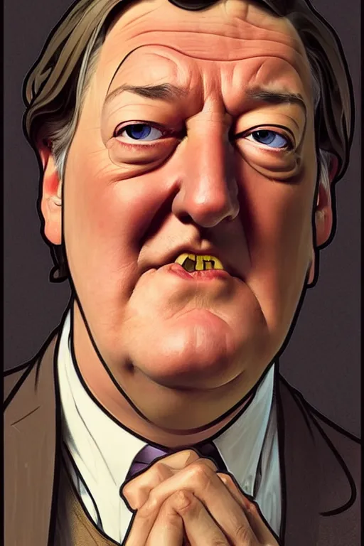 Image similar to stephen fry winking his left eye at the camera, in the style of art by artgerm and greg rutkowski and alphonse mucha