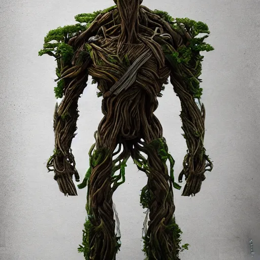 Image similar to mech inspired by groot, 4 k realistic photo