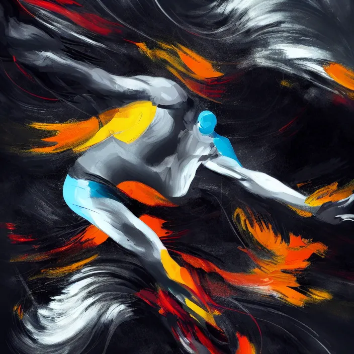 Image similar to a thin, athletic man's body explodes in abstract, thick flowing dramatic brush strokes, strong wind, black background, matte colors, impressionist, extreme motion, trending on artstation