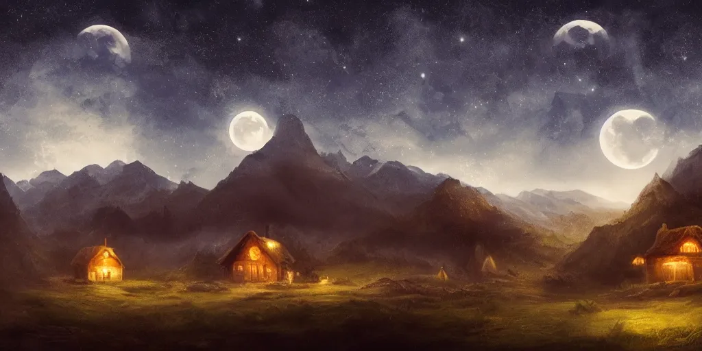 Image similar to Void covered fields with large mountains in the distance, small cottage in the foreground, nighttime, moon in the night sky, landscape wallpaper, d&d art, fantasy, painted, 4k, high detail, sharp focus
