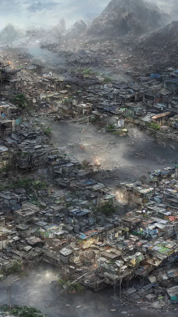 Image similar to a beautiful highly detailed matte painting of a huge derelict cargo favela by Jose Daniel Cabrera Pena and Leonid Kozienko, concept art