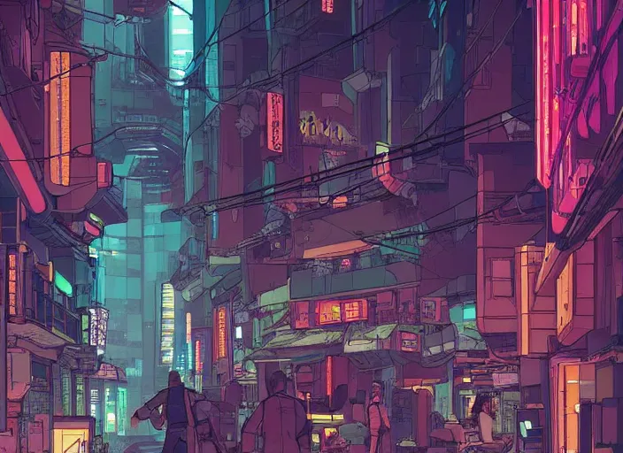Prompt: a cyberpunk hong kong alley with robots and humans walking around by moebius, pixar color palette, clear details