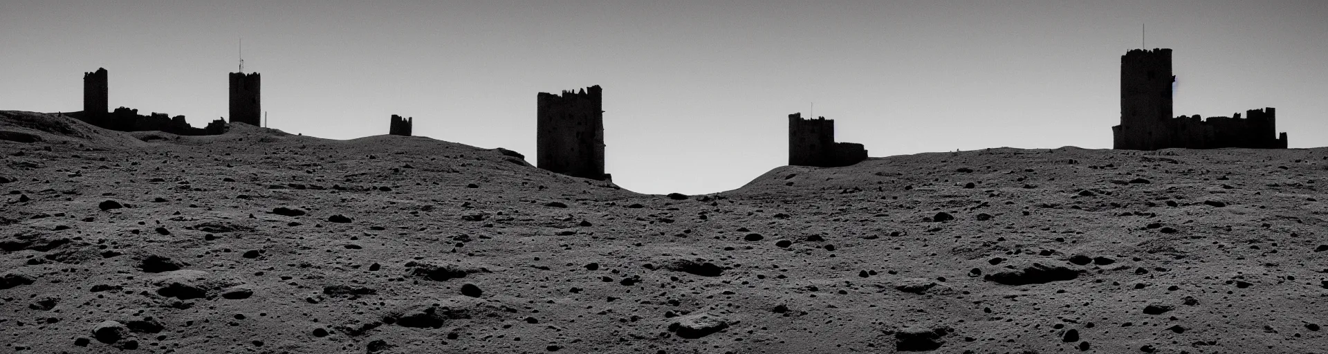 Image similar to landscape photography of the lunar surface and the blackness of space on the horizon, there is one terrifying medieval tower on the left