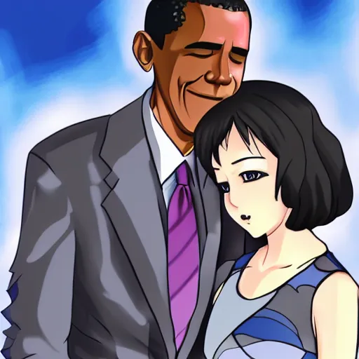 Image similar to a digital drawing of Barack Obama hugging his anime waifu, trending on Pixiv, set on afternoon