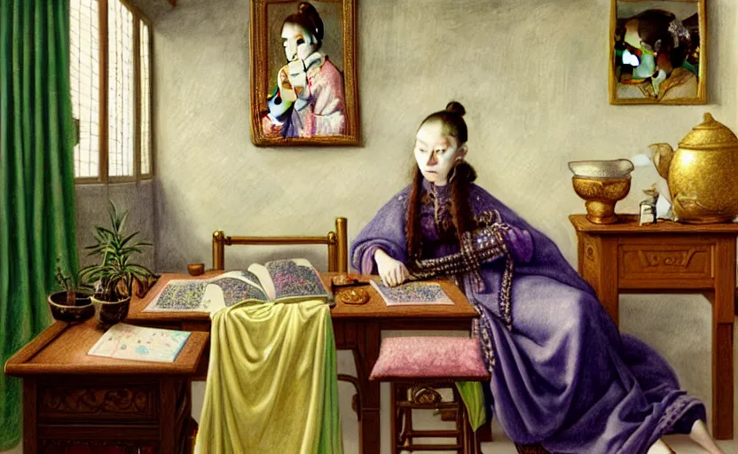 Image similar to a pastel drawing of a woman wizard, ornate clothing, lounging on a purpur pillow on the marbled checkered floor in her study room reading an ancient tome. to the side is a potted plant, moody candlelit raytracing. ancient scifi fantasy setting. detailed face, sharp focus. by chie yoshii and vermeer