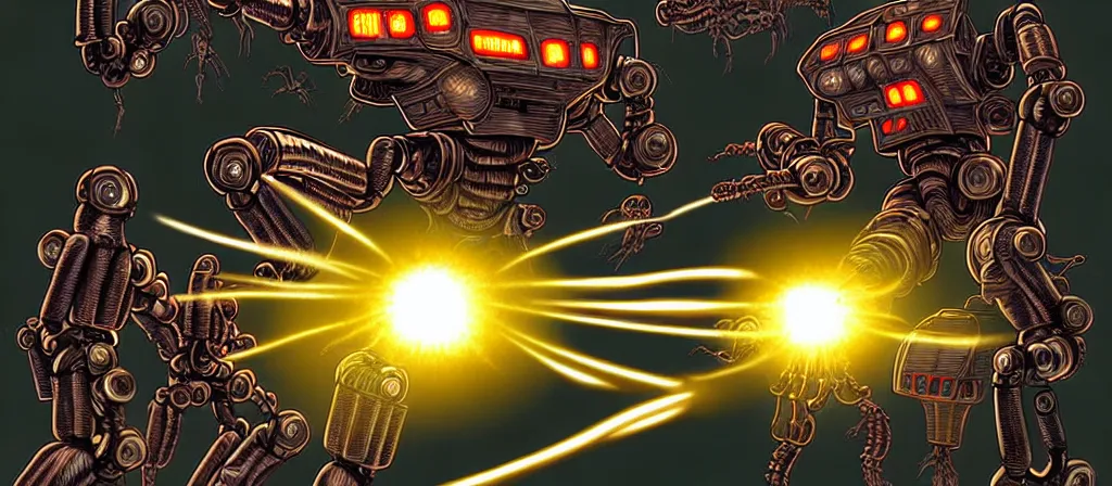 Prompt: An absurdly-detailed digital drawing of a robot-fighter firing energy-bolts at a monster, action perspective concept, by Kev Walker, Carl Critchlow, by Ron Spencer, by Lovecraft Giger, cyborg by Vincent Di Fate | Android-Metroid-dystopian tech-vs-meat, a robot named fight. A robot warrior stands in a meat-corrupted sci-fi corridor with branching doorway paths. | A lonely robot in a meaty gnashing body-horror hallway beastly ambush by Roger Dean and James Gurney. Trending on Pixiv. trending on ArtStation. A vibrant digital oil painting. An absurdly-detailed fantasy illustration by Wayne Reynolds, Jason Chan, Jesper Ejsing, Charles Monet, Gustave Dore, Carl Critchlow, Bram Sels