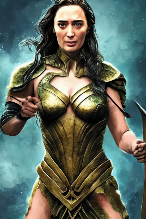 Prompt: A fantasy comic book style portrait painting of, hybrid of Emily Blunt, Gal Gadot, as an Atlantean, Reptilian Warrior, Mystical Valkyrie, Armor, Sword, Archer Bow, Spear, Sheild, François Boucher, Oil Painting, unreal 5, DAZ, hyperrealistic, octane render, Regal, Refined, Coherent, Detailed Digital Art, RPG portrait, Michael Cheval, William-Adolphe Bouguereau, Walt Disney (1937), Steampunk, dynamic lighting, Highly Detailed, Cinematic Lighting, Unreal Engine, 8k, HD