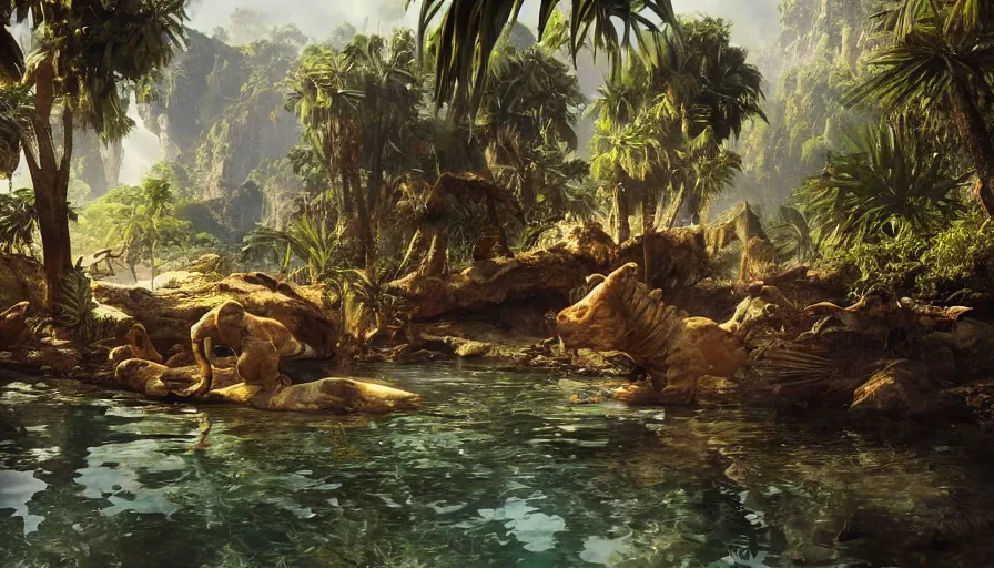 Image similar to craig mullins, frank frazetta art, science fiction landscape, jungle animals and palm trees, water, unreal engine, hyper realism, realistic shading, realistic render, octane render, detailed textures, photorealistic, wide shot