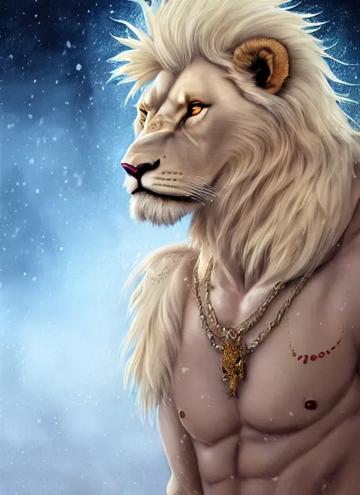 Image similar to award winning beautiful portrait commission of a male furry anthro albino lion with tattoos on his muscular belly with a beautiful hyperdetailed face wearing a golden and red winter handcrafted outfit with red gradient background and white snow falling around lion. Character design by charlie bowater, ross tran, and makoto shinkai, detailed, inked, western comic book art