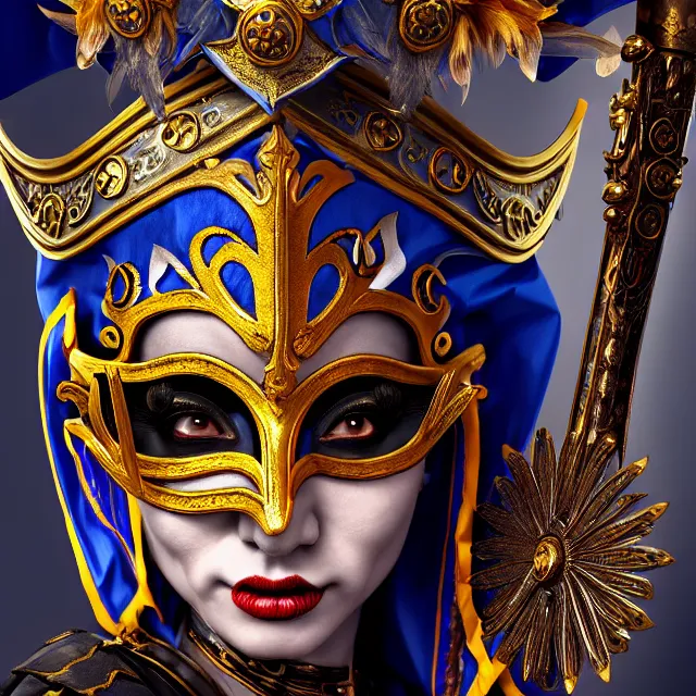 Image similar to female warrior jester with ornate venetian mask, highly detailed, 8 k, hdr, close up, smooth, sharp focus, high resolution, award - winning photo, artgerm