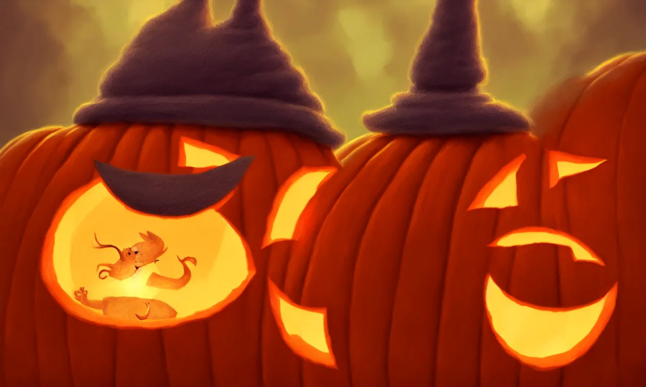 Prompt: hand drawn cute one gnomes face in autumn pumpkin, detailed closeup face, concept art, low angle, high detail, warm lighting, volumetric, godrays, vivid, beautiful, trending on artstation, by jordan grimmer, huge scene, grass, art greg rutkowski