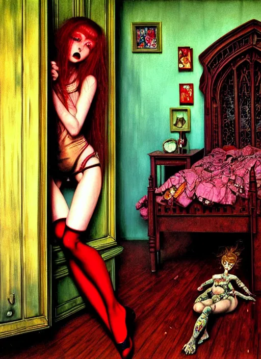 Prompt: realistic detailed image of a girl in stockings in an old soviet girlish room with a little monster hiding!!! under the bed!!! by Ayami Kojima, Amano, Karol Bak, Greg Hildebrandt, and Mark Brooks, Neo-Gothic, gothic, rich deep colors. Beksinski painting, part by Adrian Ghenie and Gerhard Richter. art by Takato Yamamoto. masterpiece .ntricate artwork by Tooth Wu and wlop and beeple, greg rutkowski, very coherent symmetrical artwork, cinematic, hyper realism, high detail, octane render, unreal engine, 8k, Vibrant colors, Smooth gradients, High contrast, depth of field. by Katsuhiro Otomo, full body character drawing, inspired by Evangeleon, clean ink detailed line drawing, intricate detail, extremely detailed, 8k. painting by Arthur Rackham, Eugene de Blaas, Frederic Leighton