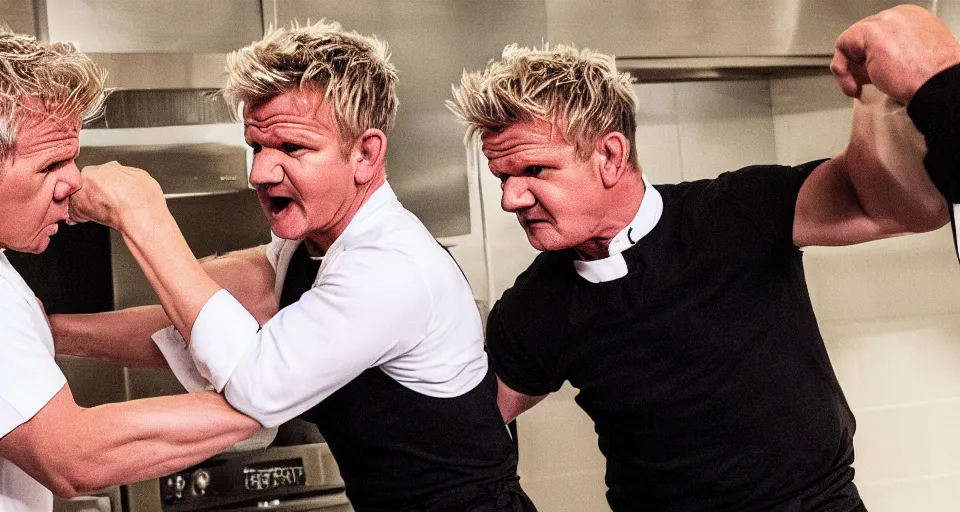 Image similar to photo of angry furious Gordon Ramsay punching Gordon Ramsay at the kitchen