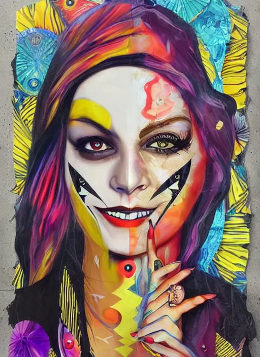 Prompt: collage of gorgeous magic cult psychic woman smiling, third eye, energetic consciousness psychedelic, epic surrealism expressionism symbolism, story telling, iconic, dark robed, oil painting, symmetrical face, dark myth mythos, by Sandra Chevrier masterpiece cutout layering