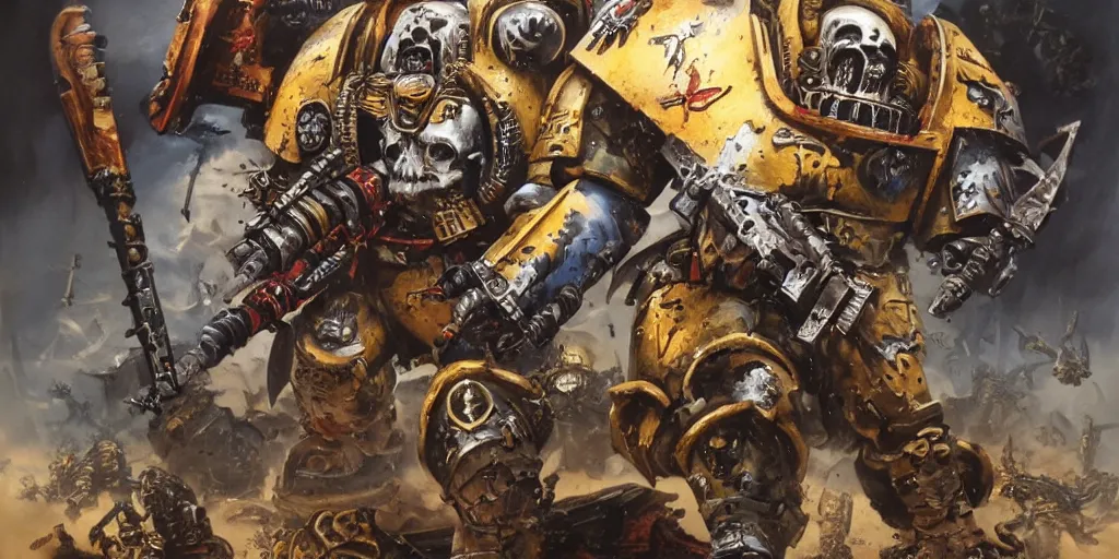 Prompt: Warhammer 40K battle with Leatherface as a space marine, art style of John Blanche, hyper detailed, award winning