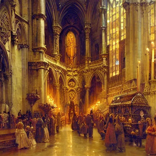 Prompt: inside a giant medieval cathedral, ornate and intricate details. highly detailed painting by gaston bussiere, j. c. leyendecker 8 k