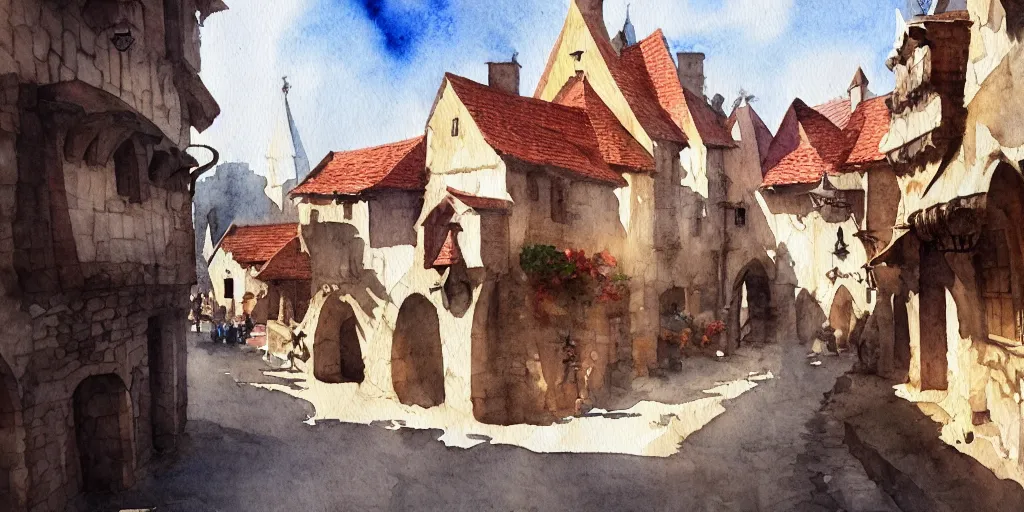 Image similar to medieval town, summer morning light, pale masterpiece watercolor painting, trending on artstation