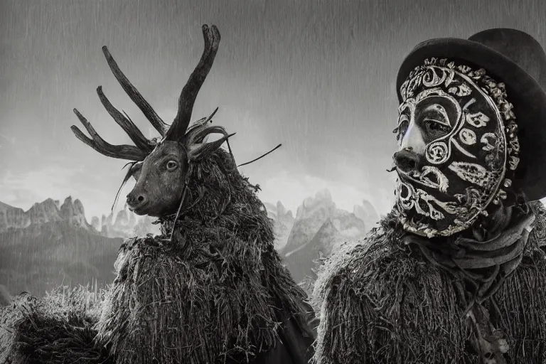 Prompt: portrait of a tyrolean folklore mask, in the alpine forest, dark, eerie , wearing hay coat, with horns, eerie, flowers growing out of his body, dolomites in the background, detailed intricate insanely detailed octane render, 8k, artistic 1920s photography, vintage photo, black and white, photorealistic, chiaroscuro, by David Cronenberg, Raphael, Caravaggio