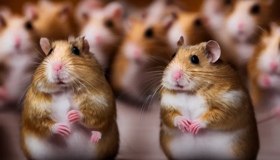 Image similar to A professional photo of a graduate hamster doing a speech in front of other hamsters in the hamsters' academy, HD, professional photography, sharp focus, cinematic lighting, enhanced colors, Flickr, award winning