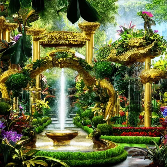 Prompt: ultrarealistic, garden, hanging garden of babylon, oasis, exotic flowers, plant life, garden of eden, pillars, gold accent, fountain, ornate, peaceful, light, vivid, surreal, temple, arches, heaven, nirvana, jungle, birds