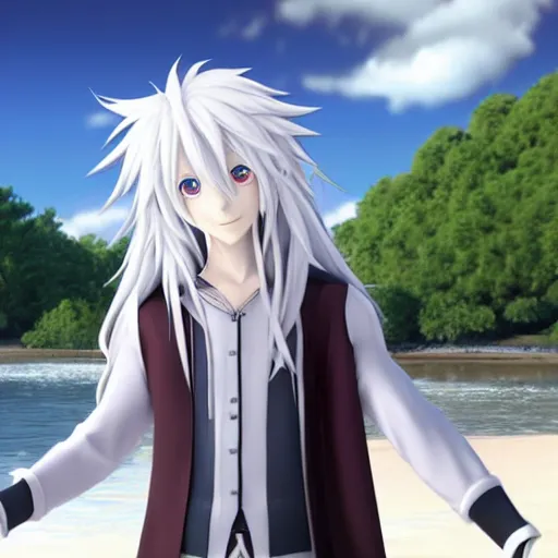 Prompt: a long white haired anime character holding out his hand in front of a body of water, a screenshot by michelangelo, deviantart contest winner, vanitas, official art, unreal engine 5, unreal engine. kingdom hearts opening. sharp focus. highly detailed. masterpiece. anime render. cinematic lighting. lifelike.