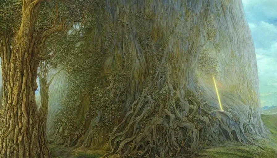 Prompt: painting by John Howe of the two trees of valinor, one of them glowing gold, the other one silver