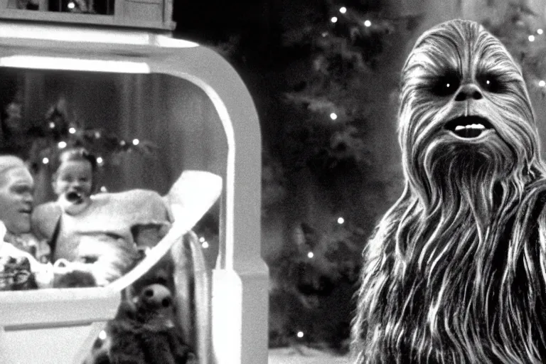 Image similar to A still from the movie Miracle on 34th Street starring Chewbacca