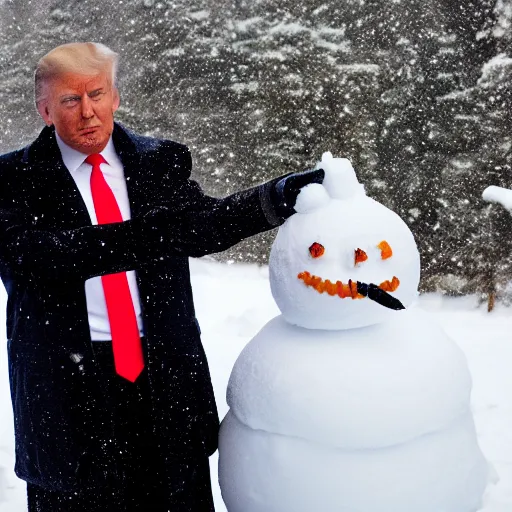 Prompt: donald trump making a snowman. photographic, photography