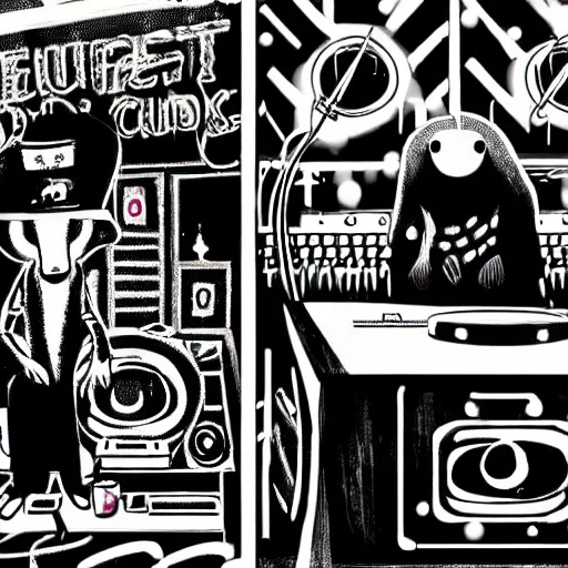 Prompt: A DJ platypus in a nightclub, underground magazine, indie culture, bright lights, crowded