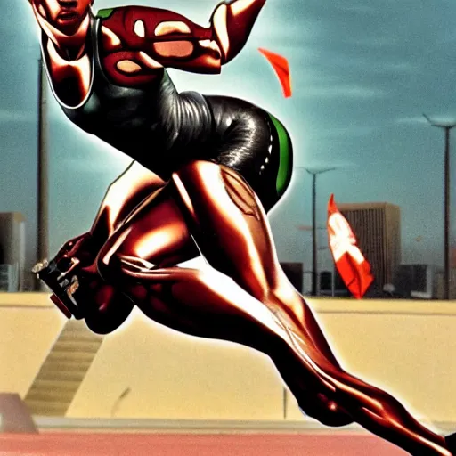 Image similar to Trinity the matrix, Female sprinter in athletic attire with cyborg legs, metal body, diesel punk, athletic footage, 1980's, olympics, cinematic, art deco