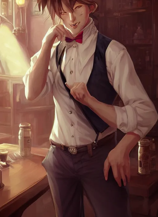 Image similar to beautiful portrait commission of a male furry anthro wolf wearing a white dress shirt with suspenders in an old-timey Saloon. Atmospheric. Character design by charlie bowater, ross tran, artgerm, and makoto shinkai, detailed, inked, western comic book art