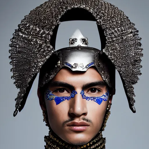 Image similar to a portrait of a beautiful young mexican male wearing an alexander mcqueen armor made of saphire, photographed by andrew thomas huang, artistic