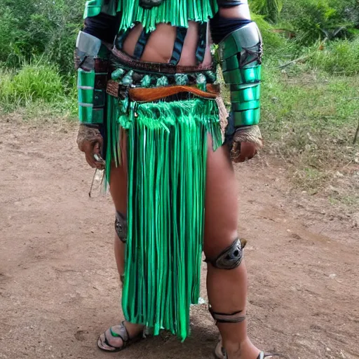 Prompt: long shot photo a Caucasian female amazon warrior with malachite armour