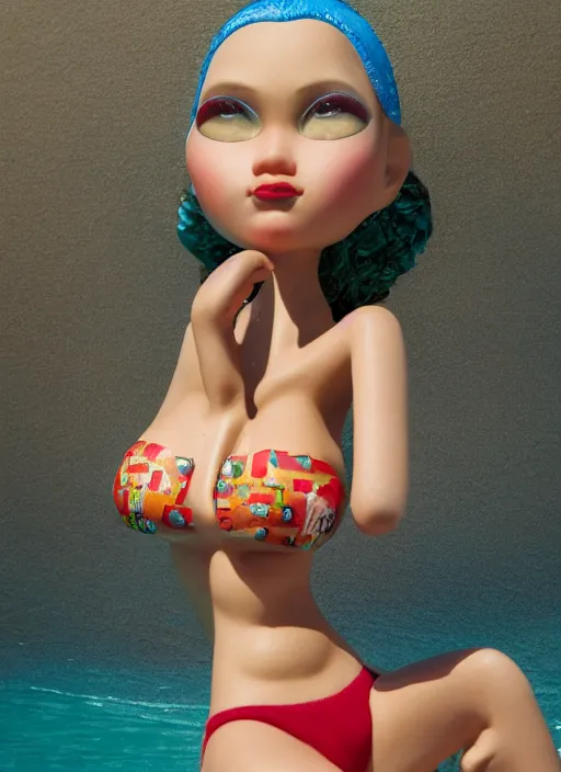 Image similar to closeup profile portrait of tin toy bikini girl surf sand, depth of field, zeiss lens, detailed, symmetrical, centered, fashion photoshoot, by nicoletta ceccoli, mark ryden, lostfish, breathtaking, 8 k resolution, extremely detailed, beautiful, establishing shot, artistic, hyperrealistic, octane render
