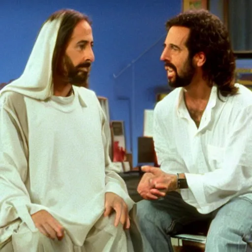 Prompt: Photo still of Jesus Christ in 1990s clothing guest-starring with Jerry Seinfeld in an episode of the TV show Seinfeld (1994), realistic