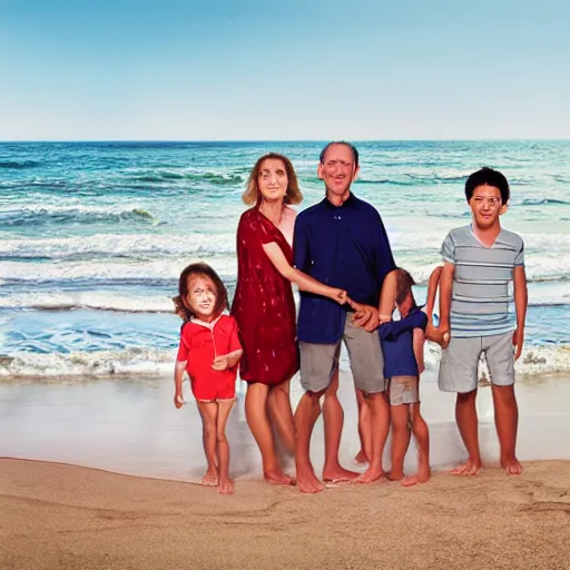 Image similar to portrait of a happy family at the beach, photo by annie leibovitz, realistic, smooth face, perfect eyes, wide angle, sharp focus, 8 k high definition