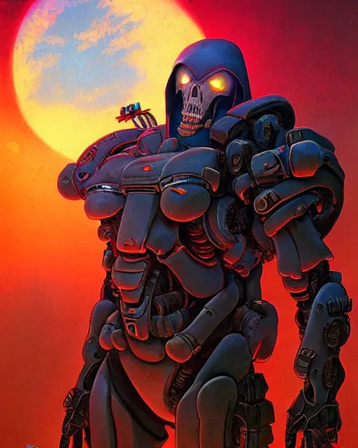 Image similar to reaper from overwatch, character portrait, portrait, close up, concept art, intricate details, highly detailed, vintage sci - fi poster, retro future, in the style of chris foss, rodger dean, moebius, michael whelan, and gustave dore