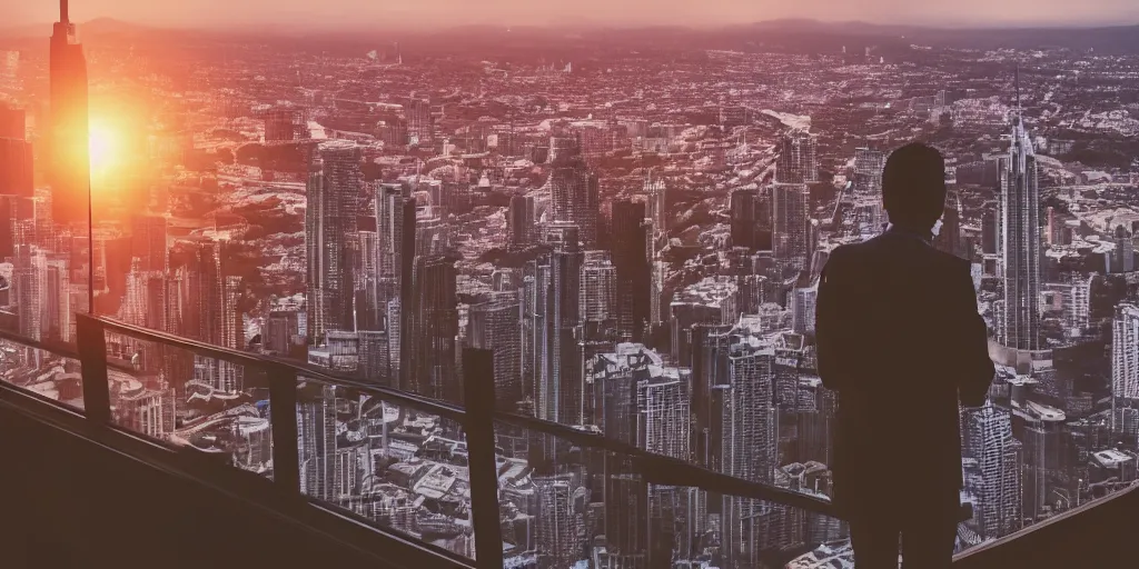 Prompt: a man holding a cocktail looking through the window of a skyscraper over looking a utopian city, golden hour, cinematic lighting, depth of field, night, epic