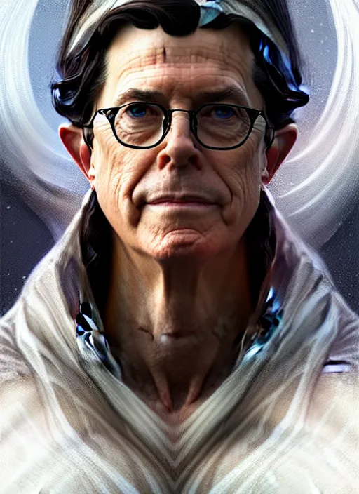 Image similar to portrait of stephen colbert as an elf, long hair, d & d, muscular! fantasy, intricate, robes, elegant, highly detailed, digital painting, artstation, concept art, smooth, sharp focus, illustration, art by artgerm and greg rutkowski and alphonse mucha