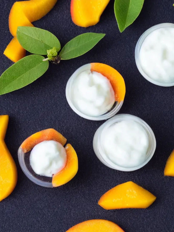 Image similar to miniature diorama of yogurt mango pieces macro